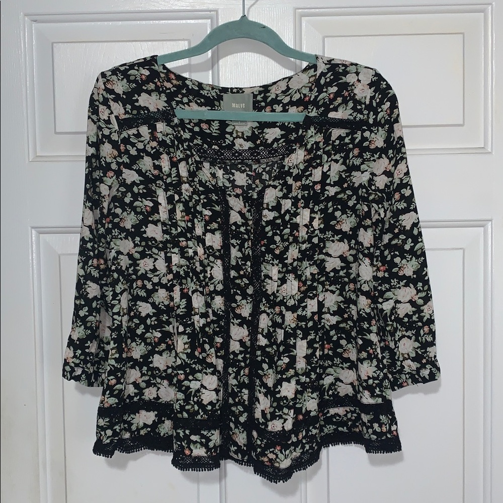 🍇 Anthropologie MAEVE Black White Floral w Lace Trim Top 6